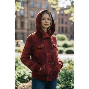 Hurley Womens Plaid Bomber Jacket Red Orange Hooded Double Breasted Small